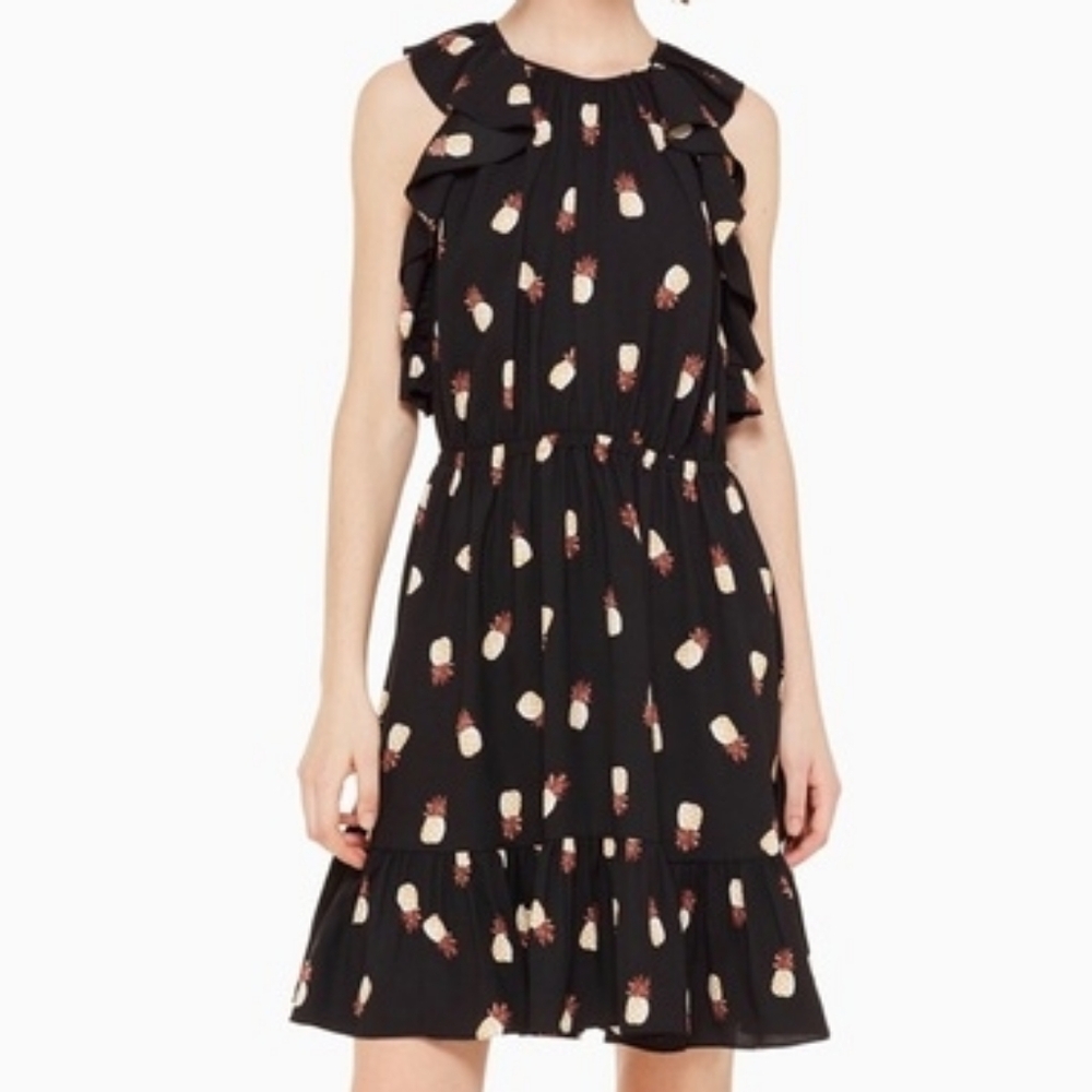KATE SPADE Black & Tan Pineapple Print Tiered Dress With Ruffles, Size XXL